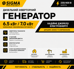 Генератор дизельний 6.5 кВт 220/380В інверторний SIGMA, електрозапуск 5713461 фото