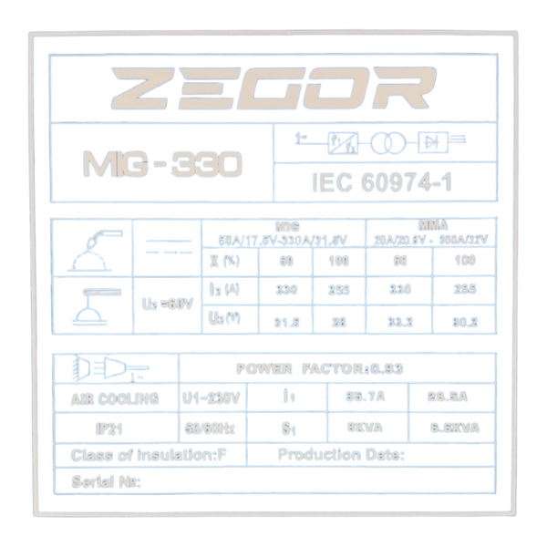 Сварочный полуавтомат инверторного типа ZEGOR MIG-330 5.6 кВт IGBT ZEGOR MIG-330 фото
