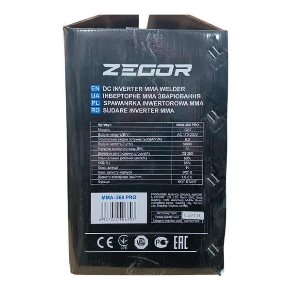 Зварювальний апарат інверторного типу ZEGOR MMA-360 PRO 6.2 кВт IGBT ZEGOR MMA-360 фото